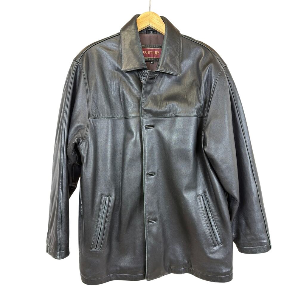 Couture by J Park Black Leather Button Hidden Zip Pocket Longline Jacket M